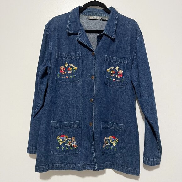Way To Go Womens VTG Embroidered Denim Jacket XL Farm Bears Teacher Whimsical - Picture 2 of 10